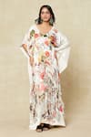 Buy_Anamika Khanna_White Printed Floral V Neck Silk Kaftan Dress _at_Aza_Fashions