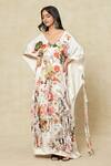 Anamika Khanna_White Printed Floral V Neck Silk Kaftan Dress _at_Aza_Fashions