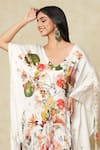 Shop_Anamika Khanna_White Printed Floral V Neck Silk Kaftan Dress _at_Aza_Fashions