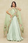 Buy_Anushree Reddy_Green Organza Embroidered Floral Cape Notched Lehenga Set 