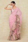 Buy_Aisha Rao_Pink Embroidered Scoop Ruffle Pre-draped Saree With Blouse _at_Aza_Fashions