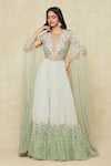 Buy_COUTURE BY NIHARIKA_Green Organza Embroidered Vine Closed Neck Cape Blouse And Lehenga Set _at_Aza_Fashions