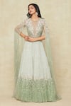 Buy_COUTURE BY NIHARIKA_Green Organza Embroidered Vine Closed Neck Cape Blouse And Lehenga Set _Online_at_Aza_Fashions