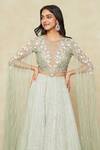 Buy_COUTURE BY NIHARIKA_Green Organza Embroidered Vine Closed Neck Cape Blouse And Lehenga Set 