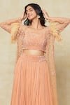 Buy_COUTURE BY NIHARIKA_Orange Embellished Beads V Neck Embroidered Jacket Lehenga Set 