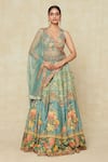 Buy_Kalista_Blue Printed Floral Plunged V And Embroidered Lehenga Set _at_Aza_Fashions