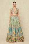 Shop_Kalista_Blue Printed Floral Plunged V And Embroidered Lehenga Set _Online_at_Aza_Fashions