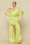 Buy_Mishru_Green Organza Embroidered Mirror Blouse V Neck Cape And Bell Bottom Pant Set _at_Aza_Fashions