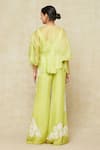 Mishru_Green Organza Embroidered Mirror Blouse V Neck Cape And Bell Bottom Pant Set _Online_at_Aza_Fashions