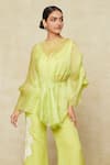 Buy_Mishru_Green Organza Embroidered Mirror Blouse V Neck Cape And Bell Bottom Pant Set 