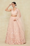 Shop_Seema Gujral_Peach Embroidered Floral V Neck Lehenga Set _Online_at_Aza_Fashions