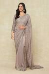 Buy_Tarun Tahiliani_Grey Silk, Georgette Sequins V-neck Embroidered Saree With Blouse_at_Aza_Fashions