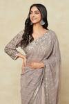Buy_Tarun Tahiliani_Grey Silk, Georgette Sequins V-neck Embroidered Saree With Blouse_Online_at_Aza_Fashions