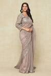 Tarun Tahiliani_Grey Silk, Georgette Sequins V-neck Embroidered Saree With Blouse_at_Aza_Fashions