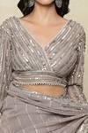 Buy_Tarun Tahiliani_Grey Silk, Georgette Sequins V-neck Embroidered Saree With Blouse