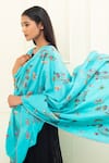 Pashme Ladakh_Sky Blue Embroidered Butterfly Lily Pashmina Shawl _at_Aza_Fashions