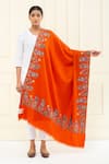 Shop_Pashme Ladakh_Orange Embroidered Daffodil Dourdar Pashmina Shawl _at_Aza_Fashions