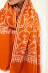 Pashme Ladakh_Orange Embroidered Jaali Pashmina Stole _at_Aza_Fashions