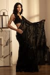 HOUSE OF KÀRMÀH_Black Raw Silk Embroidery Floral V-neck Celestial Blouse With Pre-draped Saree _Online_at_Aza_Fashions