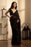 Buy_HOUSE OF KÀRMÀH_Black Raw Silk Embroidery Floral V-neck Celestial Blouse With Saree _Online_at_Aza_Fashions