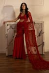 Buy_HOUSE OF KÀRMÀH_Red Crepe Embroidery Floral Blunt V-neck Cherry Blossom Gharara Saree Set _at_Aza_Fashions