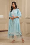 HOUSE OF KÀRMÀH_Blue Chanderi Silk Embroidery Floral Round Thread Yoke Kurta And Palazzo Set _Online_at_Aza_Fashions