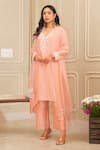 HOUSE OF KÀRMÀH_Peach Dupion Silk Embroidery Floral Blossom Asymmetric Kurta And Palazzo Set _Online_at_Aza_Fashions