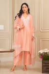 Buy_HOUSE OF KÀRMÀH_Peach Dupion Silk Embroidery Floral Blossom Asymmetric Kurta And Palazzo Set _Online_at_Aza_Fashions