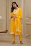 Shop_HOUSE OF KÀRMÀH_Yellow Katan Silk Embroidery Floral Notched Resham Kurta And Palazzo Set _at_Aza_Fashions