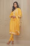 Buy_HOUSE OF KÀRMÀH_Yellow Katan Silk Embroidery Floral Notched Resham Kurta And Palazzo Set _Online_at_Aza_Fashions