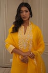 Shop_HOUSE OF KÀRMÀH_Yellow Katan Silk Embroidery Floral Notched Resham Kurta And Palazzo Set _Online_at_Aza_Fashions