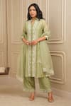 Buy_HOUSE OF KÀRMÀH_Green Chanderi Silk Embroidery Floral Band Collar Thread Kurta And Palazzo Set _at_Aza_Fashions