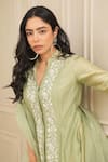 Buy_HOUSE OF KÀRMÀH_Green Chanderi Silk Embroidery Floral Band Collar Thread Kurta And Palazzo Set _Online_at_Aza_Fashions