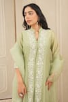 HOUSE OF KÀRMÀH_Green Chanderi Silk Embroidery Floral Band Collar Thread Kurta And Palazzo Set _at_Aza_Fashions