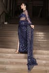 Shop_HOUSE OF KÀRMÀH_Blue Crepe Embroidered Sequins Square Pre-draped Saree With Blouse _at_Aza_Fashions