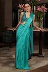 Buy_HOUSE OF KÀRMÀH_Blue Raw Silk Embroidered Sequins Deep V Twilight Pre-draped Saree With Blouse _at_Aza_Fashions