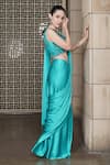 HOUSE OF KÀRMÀH_Blue Raw Silk Embroidered Sequins Deep V Twilight Pre-draped Saree With Blouse _Online_at_Aza_Fashions