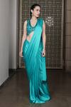 Buy_HOUSE OF KÀRMÀH_Blue Raw Silk Embroidered Sequins Deep V Twilight Pre-draped Saree With Blouse _Online_at_Aza_Fashions