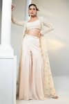 Buy_HOUSE OF KÀRMÀH_Beige Chanderi Embroidered Pearls Bustier Scoop Gharara Set With Cape _at_Aza_Fashions