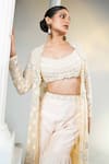 Buy_HOUSE OF KÀRMÀH_Beige Chanderi Embroidered Pearls Bustier Scoop Gharara Set With Cape _Online_at_Aza_Fashions