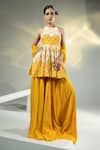 Buy_HOUSE OF KÀRMÀH_Yellow Chanderi Embroidered Pearls Halter Soleil Peplum Top Sharara Set _at_Aza_Fashions