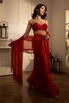 Buy_HOUSE OF KÀRMÀH_Red Chanderi Silk Embroidered Floral Crimson Charm Bustier Draped Skirt Set _at_Aza_Fashions