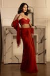 Shop_HOUSE OF KÀRMÀH_Red Chanderi Silk Embroidered Floral Crimson Charm Bustier Draped Skirt Set _Online_at_Aza_Fashions