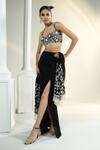 HOUSE OF KÀRMÀH_Black Crepe Embroidered Pearls Sweetheart Eclipse Top Slit Skirt Set _Online_at_Aza_Fashions