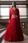 Buy_Seeaash_Red Shirt Bamber Satin Embroidery Floral Lapel Cutwork Lehenga With Blouse _at_Aza_Fashions