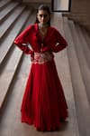 Buy_Seeaash_Red Shirt Bamber Satin Embroidery Floral Lapel Cutwork Lehenga With Blouse _Online_at_Aza_Fashions