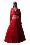 Buy_Seeaash_Red Shirt Bamber Satin Embroidery Floral Lapel Cutwork Lehenga With Blouse 