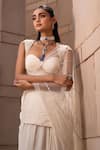 Seeaash_White Crepe Embroidery Sequins Sweetheart Pearl Pre-draped Saree And Harness Set _Online_at_Aza_Fashions