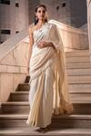 Buy_Seeaash_White Crepe Embroidery Pearls Halter Neck Floral Cutwork Pre-draped Saree Set _Online_at_Aza_Fashions