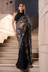 Buy_Seeaash_Black Blouse And Pre-draped Saree Crepe Embroidery Pearls Floral Jaal Set _at_Aza_Fashions